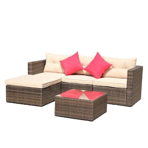 Outdoor Brown 5-Piece Wicker Patio Conversation Set with Beige Cushions