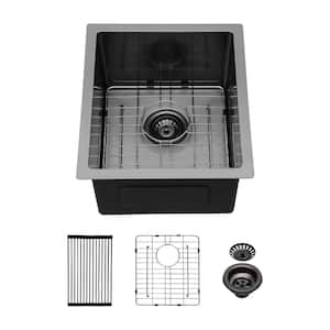 15 in. Undermount Single Bowl 16-Gauge Gunmetal Black Stainless Steel Kitchen Sink with Bottom Grids