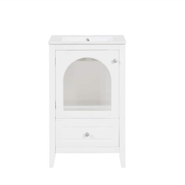20 in. Single Sink Freestanding White Bath Vanity with White Ceramic Top, Stainless Steel Hinges