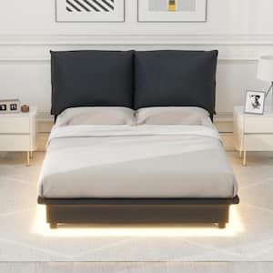 Black Wood Frame Full Size Upholstered Platform Bed with Sensor Light and Ergonomic Design Backrests Headboard
