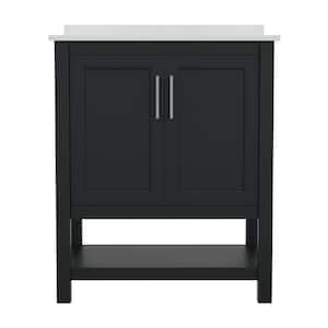 Vega 30 in. Black Bathroom Vanity with Sink Combo, Storage Cabinet, Open Shelf, White Carrara Marble Finish Countertop