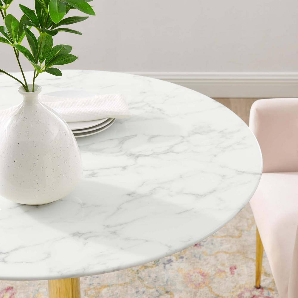 Verne 35" Round White Marble Dining Table with Gold Base