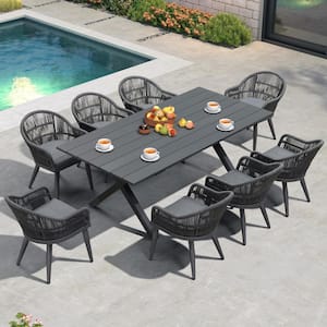 9 Piece Aluminum All-Weather PE Rattan Rectangular Outdoor Dining Set with Cushion, Grey