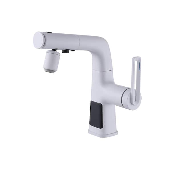 4 in. Centerset Single Level Handle Mid Arc Bathroom Pull-Out Faucet with Digital Display in White