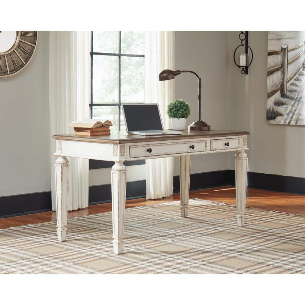 Rustic White & Brown Home Office Desk with Power Outlets and USB Ports