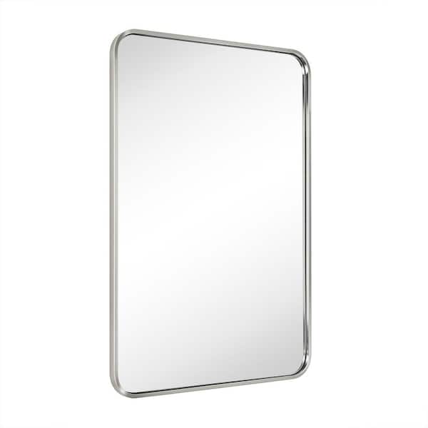 TEHOME 24 in. W x 36 in. H Rounded Rectangle Stainless Steel Anti-Rust Tube Metal Frame Bathroom Wall Mirror in Brushed Nickel