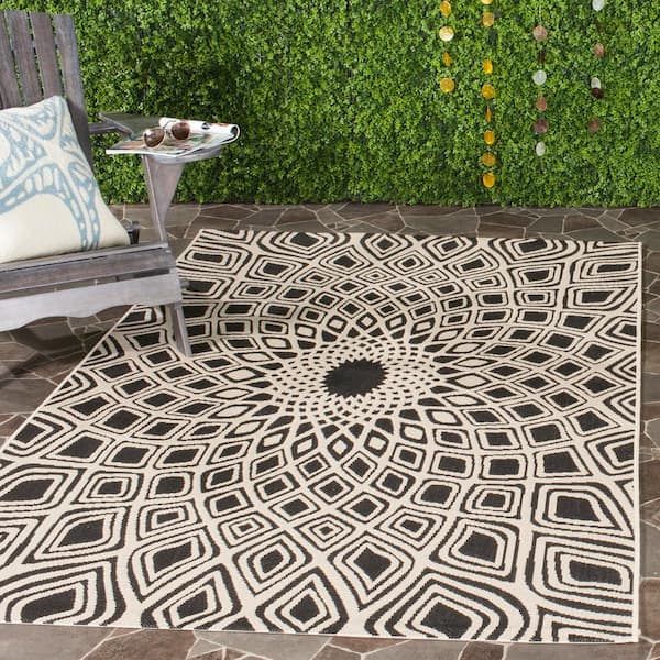 Courtyard Black/Beige Doormat 2 ft. x 4 ft. Geometric Indoor/Outdoor Patio Area Rug