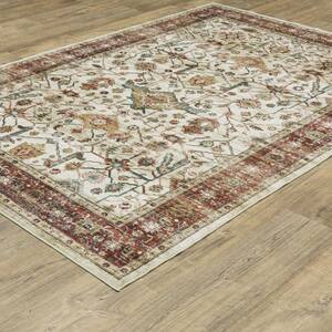 Summit Ivory/Red 2 ft. x 8 ft. Traditional Oriental Border Polyester Machine Washable Indoor Runner Area Rug