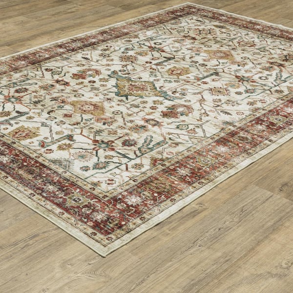 Summit Ivory/Red 8 ft. x 10 ft. Traditional Oriental Border Polyester Machine Washable Indoor Area Rug