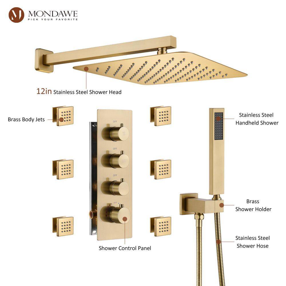 Brushed Gold Dual Square Wall Mounted Shower System with Body Jets