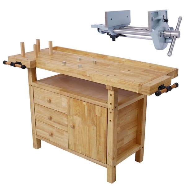 Unbranded Wood Workbench with Rapid Action Cast Iron Vise-7 in. Jaw Width Heavy-Duty Rubberwood Work Table for Garage, Workshop