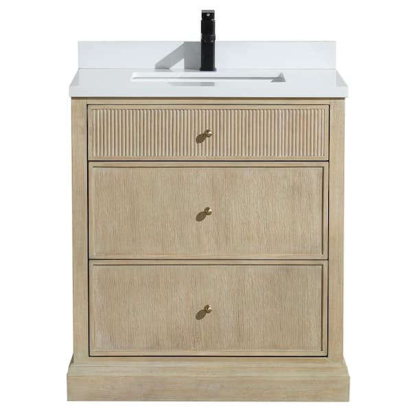 Ari Kitchen and Bath Redondo 30 W x 22 in. D x 34.5 H Single Bath Vanity in Ash Oak with Engineered Quartz Top in White with White Basin