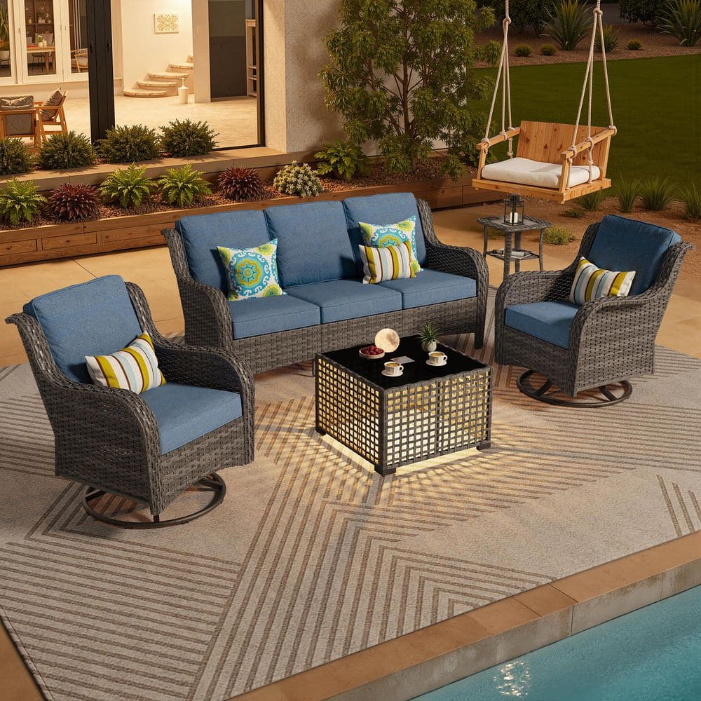 Garnet 5-Piece Wicker Outdoor Patio Conversation Sofa Set with Swivel Chairs, a Solar LED Table and Denim Blue Cushions price history on PriceWatchPro