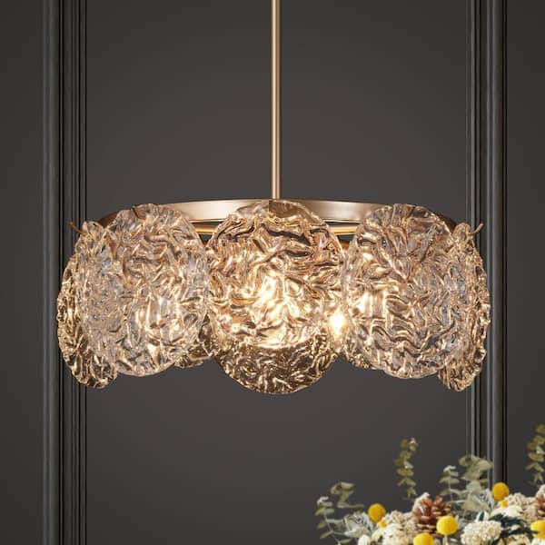 Glam 5-Light Dark Gold Chandelier Lighting, Coastal Crystal Chandelier with Water Ripple Glass, Entryway Chandelier