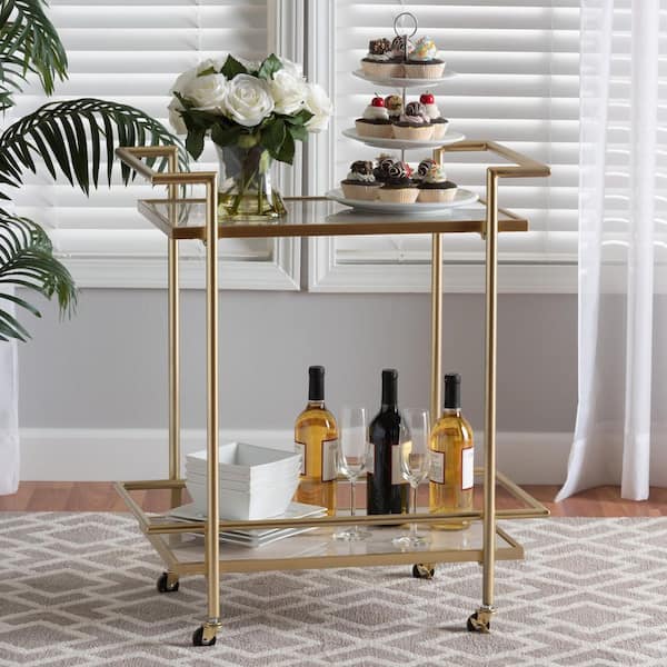 Baxton Studio Louise Gold and White Marble Wine Cart