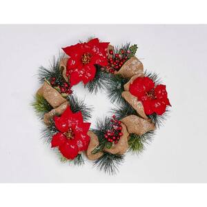 20 in. Artificial Poinsettia Wreath with Burlap on Natural Twig Base