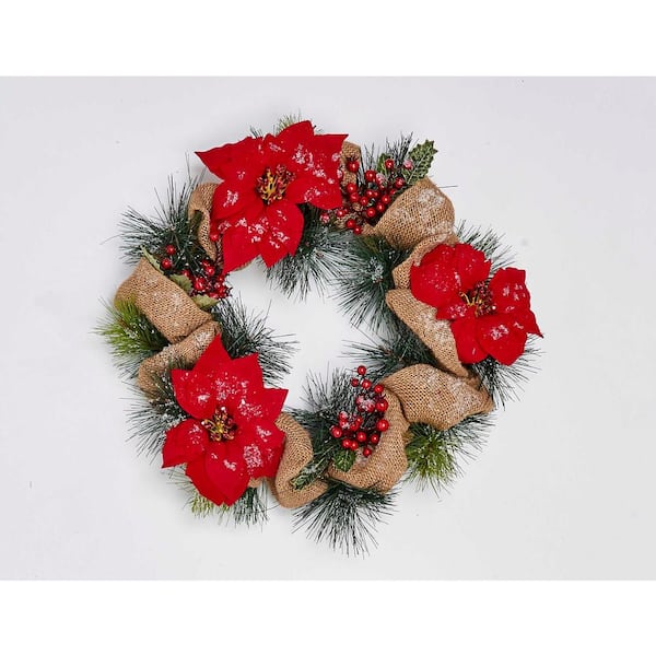 Unbranded 20 in. Artificial Poinsettia Wreath with Burlap on Natural Twig Base