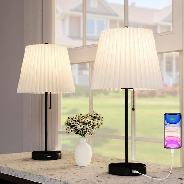 Cleveland 21 in. Black-Colored Metal Table Lamp with White Pleated Lampshade. (2-Pack)