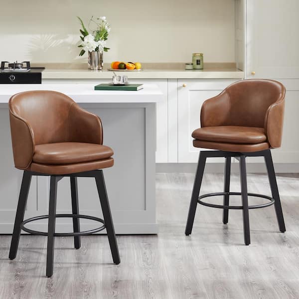 Spruce & Spring Zephyrine 26 in. Brown Low Back Swivel Counter Height Bar Stool with Leather Seat and Wood Frame (Set of 2)