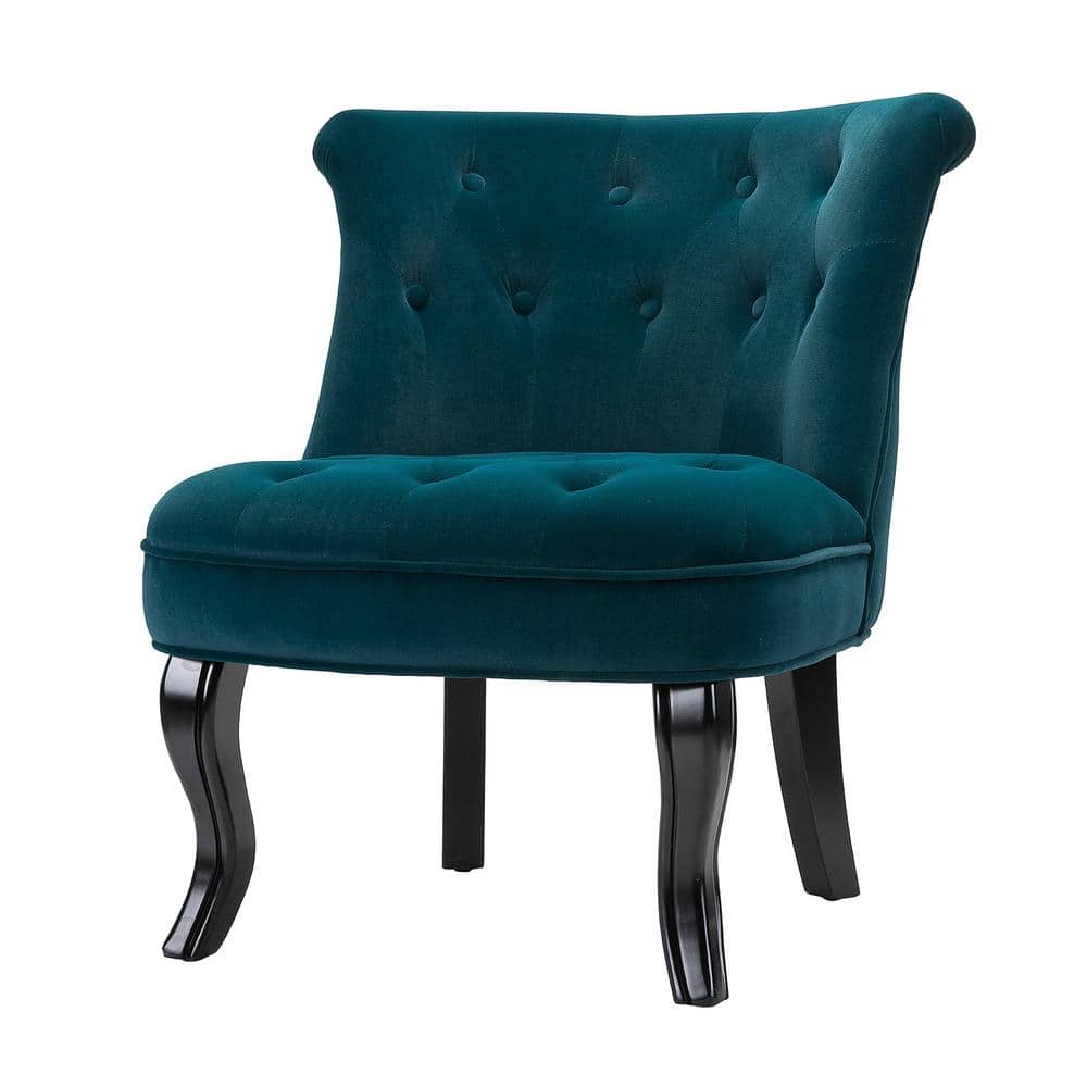 Teal Velvet Button-Tufted Armless Accent Chair with Wooden Legs