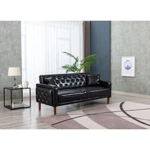 Modern 77.95 in. W Square Arms PU Leather Straight Sofa Bed Couch of 3-Seaters and 2 Throw Pillows, Tufted Back in Black