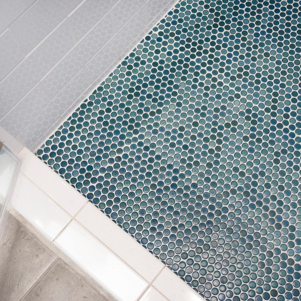 Lagoon Blue Glossy Penny Round Porcelain Mosaic Tile 12" x 12"