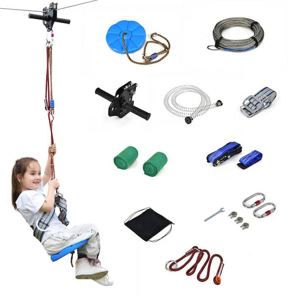 Costway 100 ft. Zipline Kit for Backyard Kids Adults w/Stainless Steel Spring Brake Seat