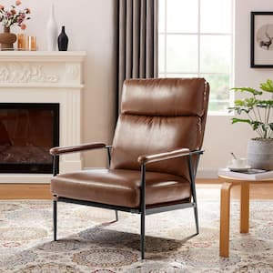 Mid-Century Modern Brown Leatherette Armchair With High Back and Padded Arms