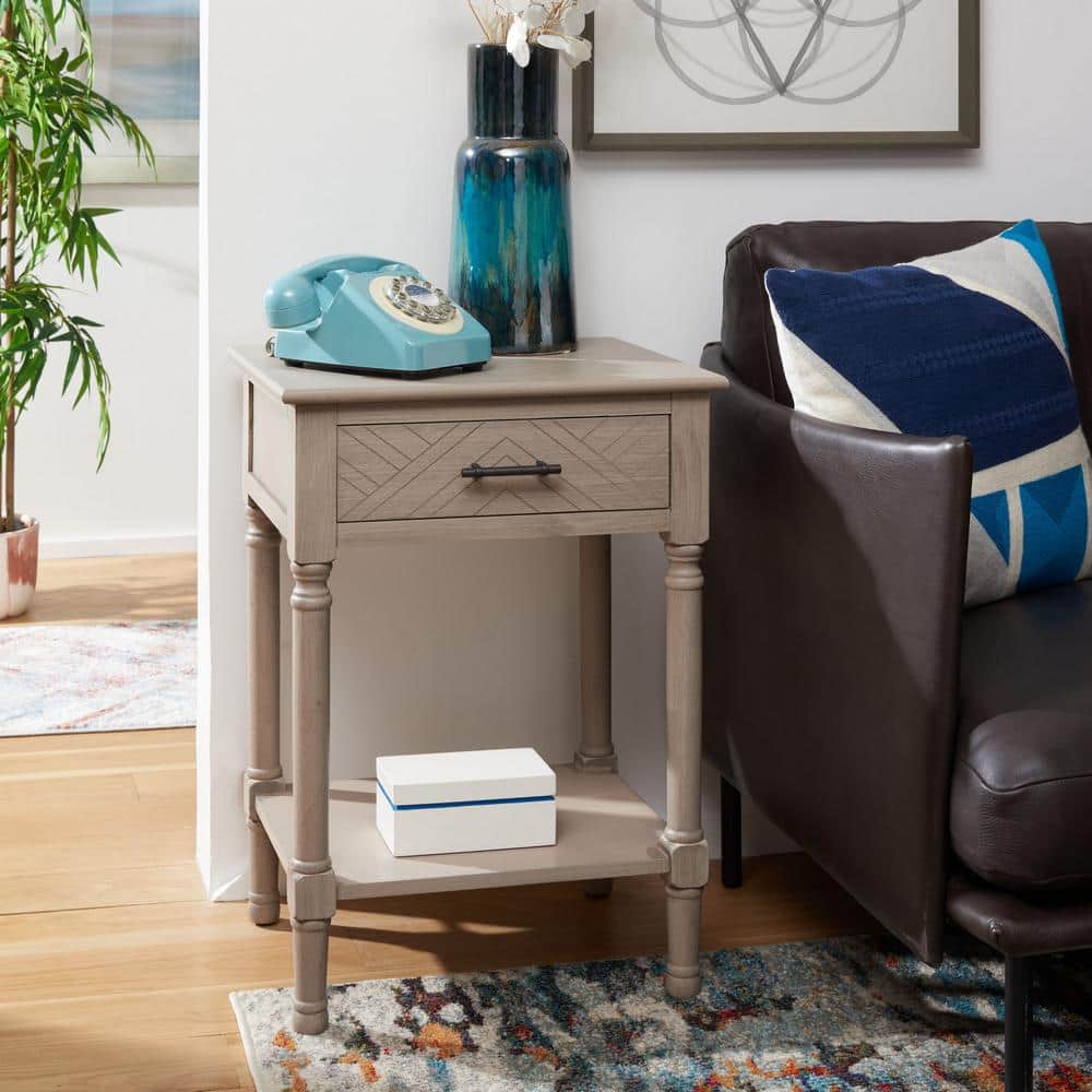 Greige Pine Wood Rectangular Storage End Table with Drawer
