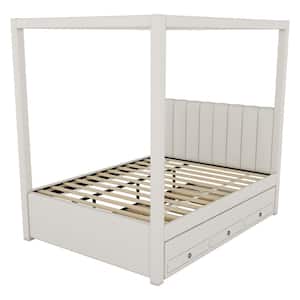 Beige Wood Frame Full Size Canopy Bed with Trundle and Drawer
