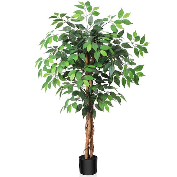 DR.Planzen 4 ft. Artificial Ficus Tree With Natural Wood Trunk in Pot, Fake Tropical Ficus Plants Indoor Decor
