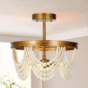 Modern Farmhouse Boho Ceiling Light 3-Light Antique Gold Round Semi-Flush Mount Light with White Wood Beads