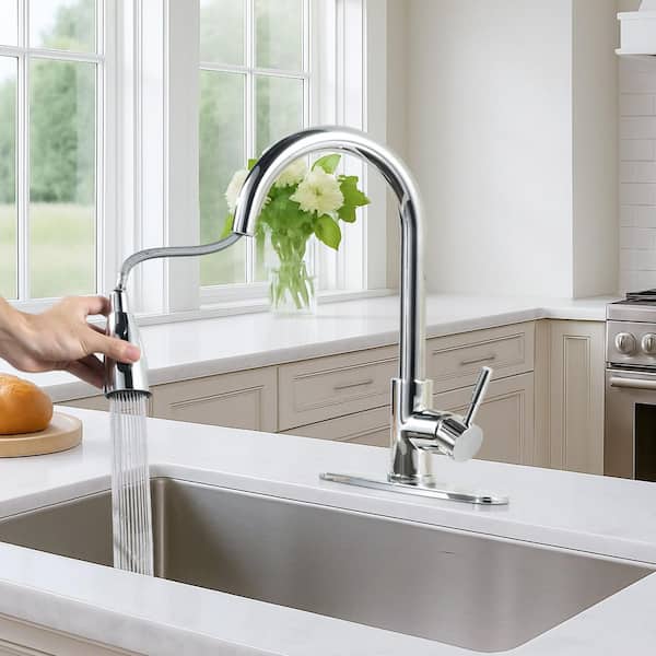 15.3 in. 3-Mode Single Handle Stainless Steel Pull Down Sprayer Kitchen Faucet with Deck Plate in Polished Chrome