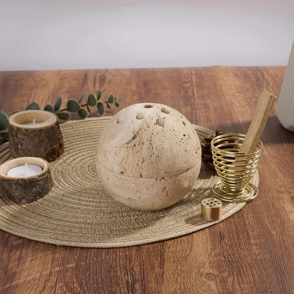 Afoxsos Natural Travertine Stone Incense Burner with Brass Insert