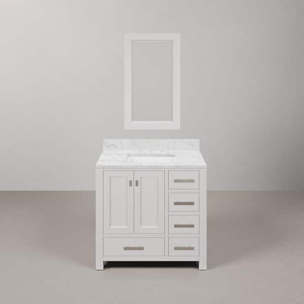Water Creation Madison 36 in. W x 21.5 in. D x 34 in. H Single Sink Bath Vanity in Pure White with Carrara White Marble Top and Mirror
