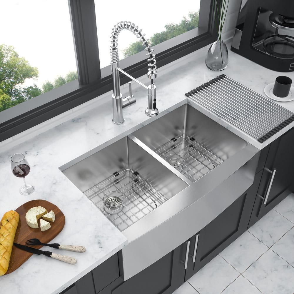 33 in. Farmhouse Apron Front Double Bowl (50/50) 16 Gauge Brushed Stainless Steel Kitchen Sink with Bottom Grids -  Qidian, LI1243131227
