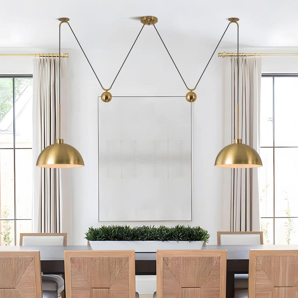TinHon 2-Light Gold Pulley Pendant Light Adjustable Cords and Dome