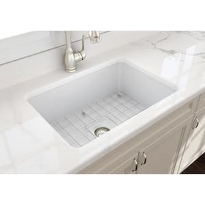 Sotto Undermount Fireclay 27 in. Single Bowl Kitchen Sink with Bottom Grid and Strainer in Matte White