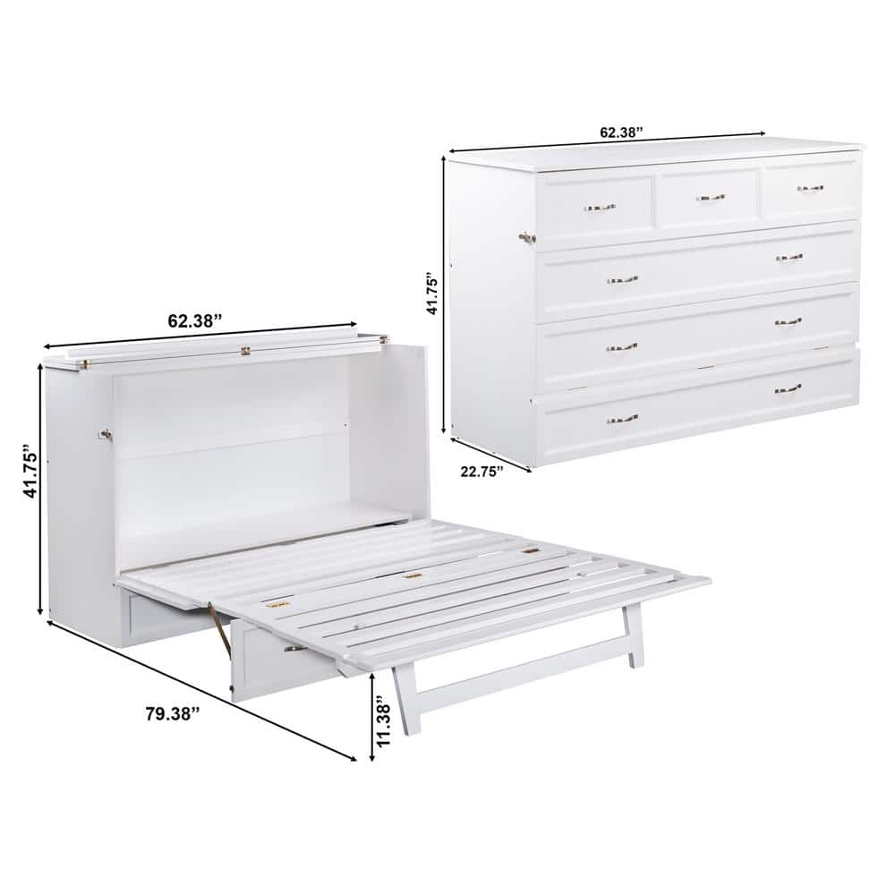 White Coastal Queen Murphy Bed Chest with Charging Station