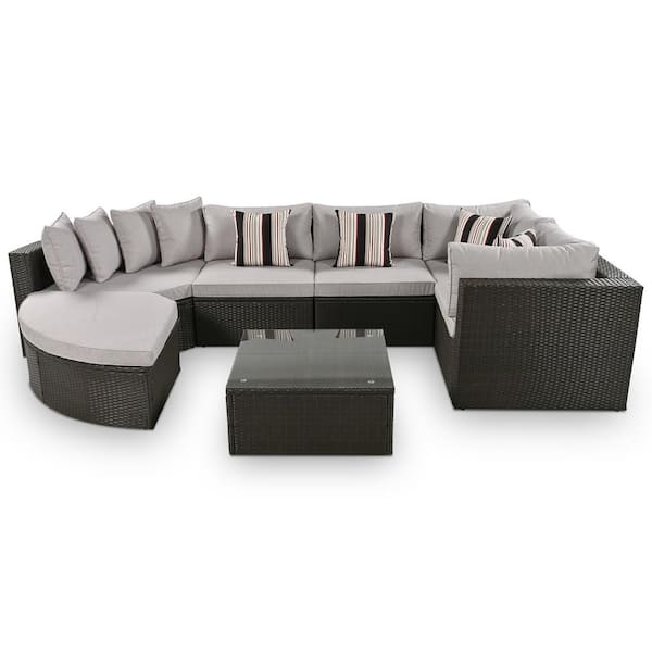 Unbranded 7-piece Brown Rattan Wicker Patio Conversation Sofa Set with Gray Cushions for Patio, Garden, Deck