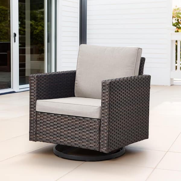 Brown Wicker Outdoor Rocking Chair, Patio Swivel Glider Chair with Beige Cushions for Porch or Balcony (1-Pack)