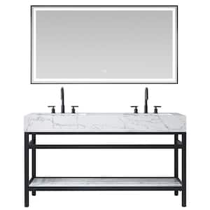 Ecija 60 in. W x 22 in. D x 33.9 in. H Double Sink Bath Vanity in Matte Black with White Composite Stone Top and Mirror