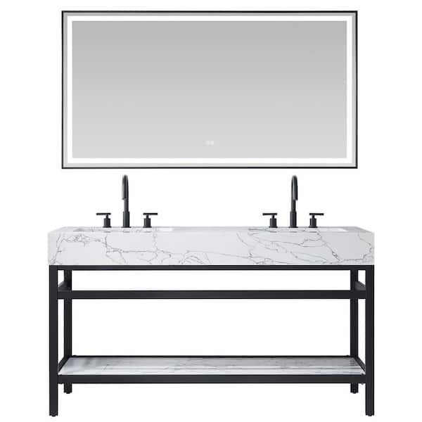 ROSWELL Ecija 60 in. W x 22 in. D x 33.9 in. H Double Sink Bath Vanity in Matte Black with White Composite Stone Top and Mirror