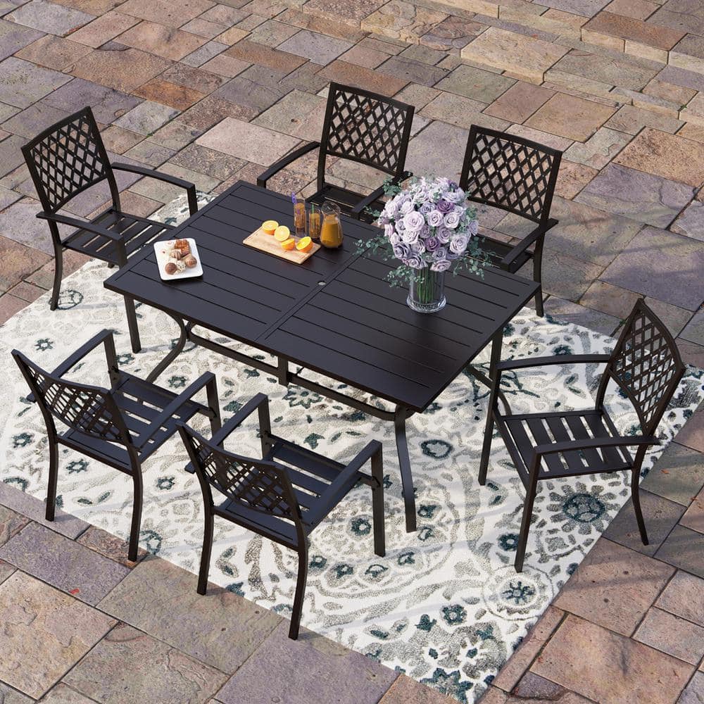 PHI VILLA Black 7Piece Metal Outdoor Patio Dining Set with Slat