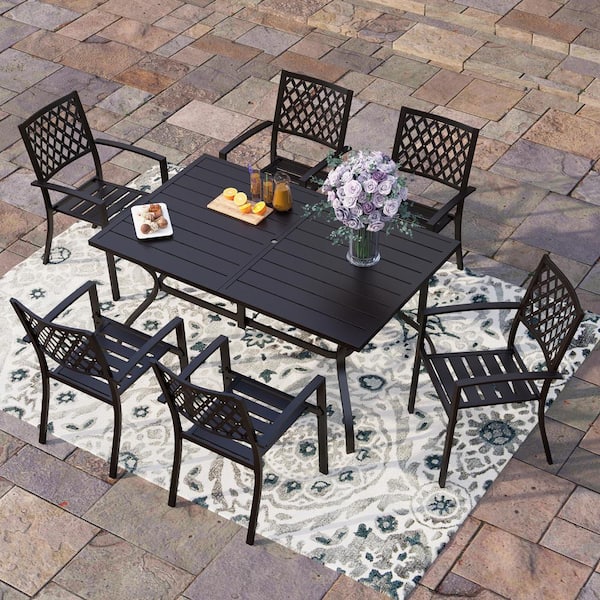 PHI VILLA Black 7-Piece Metal Outdoor Patio Dining Set with Slat Rectangle Table and Elegant Stackable Chairs
