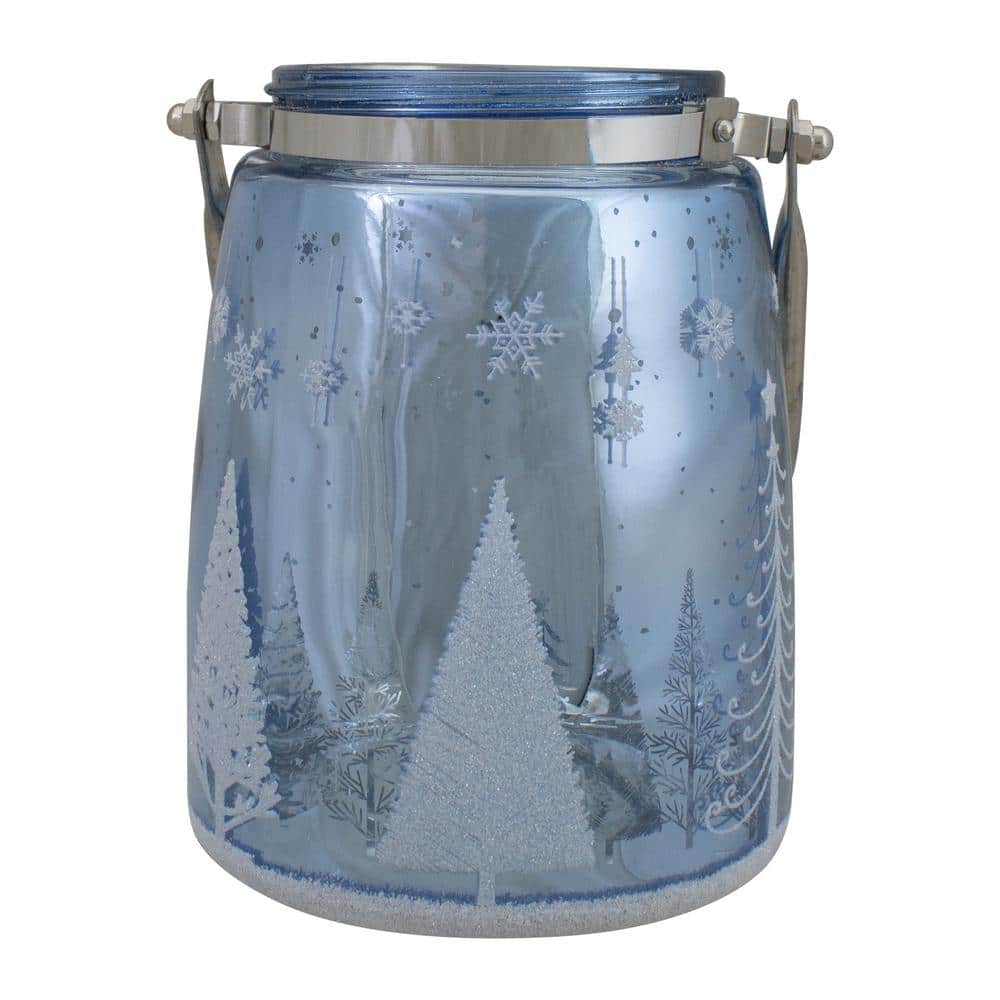Northlight 6.25 in. Shiny Blue and Silver Winter Forest and Snowflake Flameless Candle Lantern