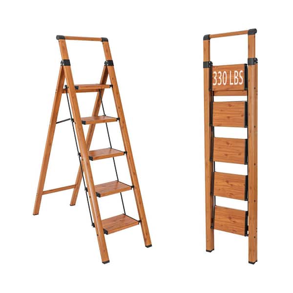 5-Step Aluminum Folding Step Stool Ladder 330 lbs. Load Capacity Type IA Duty Rating (5.54 ft. Reach Height), Wood GRain