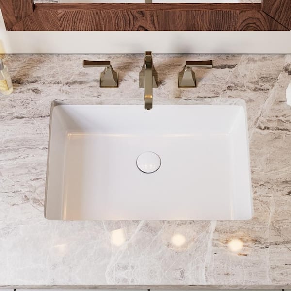 22 in. White Ceramic Undermount Bathroom Sink, Modern Rectangular Undercounter Lavatory Basin with Overflow for Bathroom