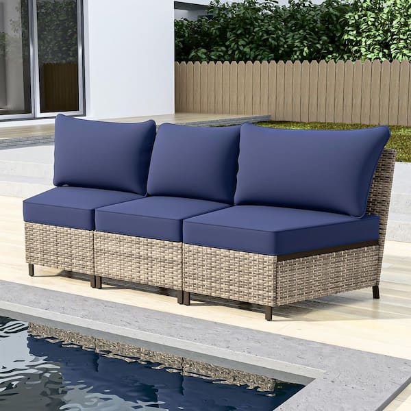 3-Seat Armless Brown Wicker Patio Outdoor Curved Sectional Sofa Set with Blue Cushions