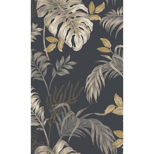Black Tropical Leaves Botanical Printed Non Woven Non-Pasted Textured Wallpaper 57 Sq. Ft.